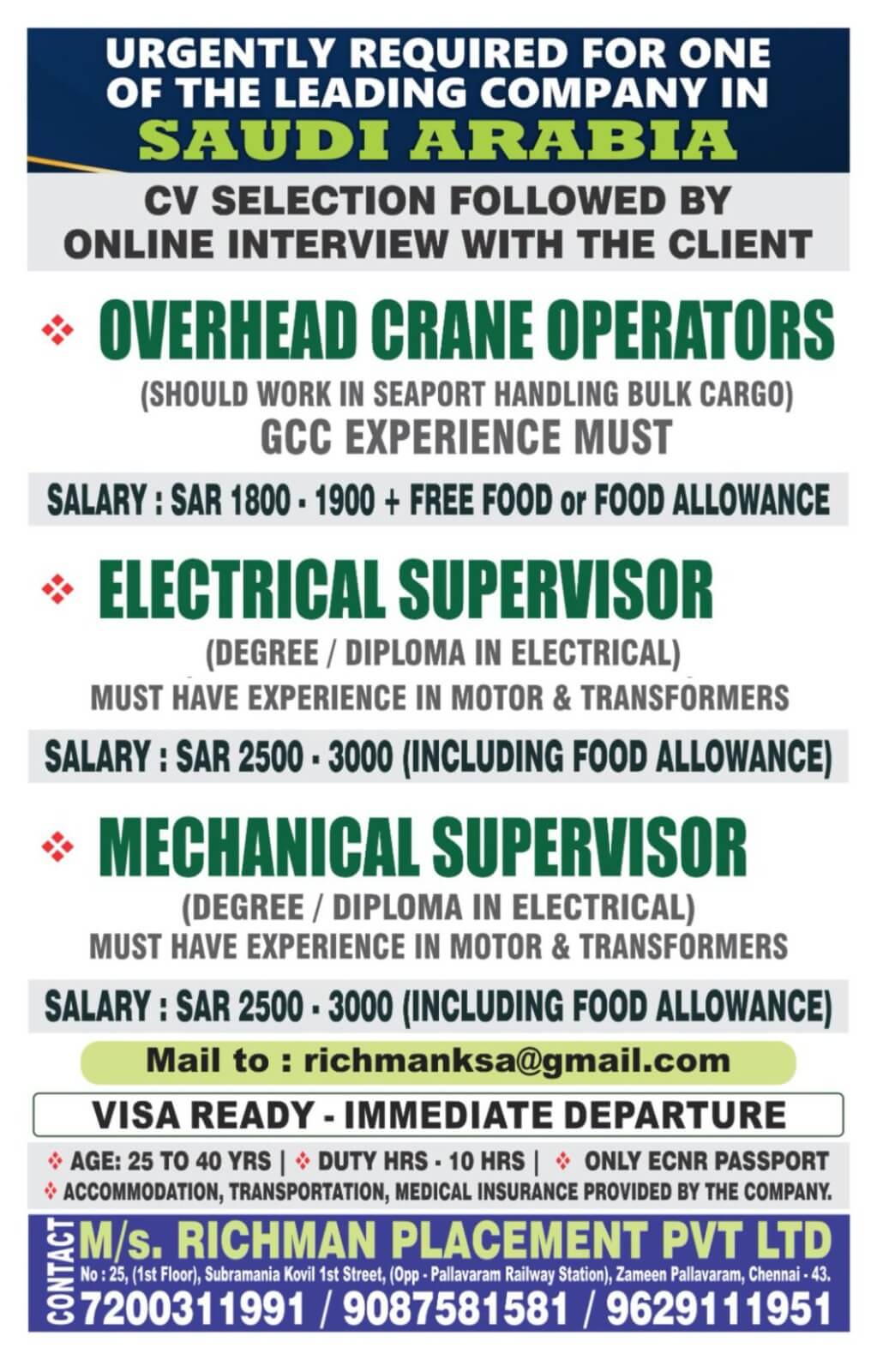 Urgently Required for One of the Leading Company in Saudi Arabia