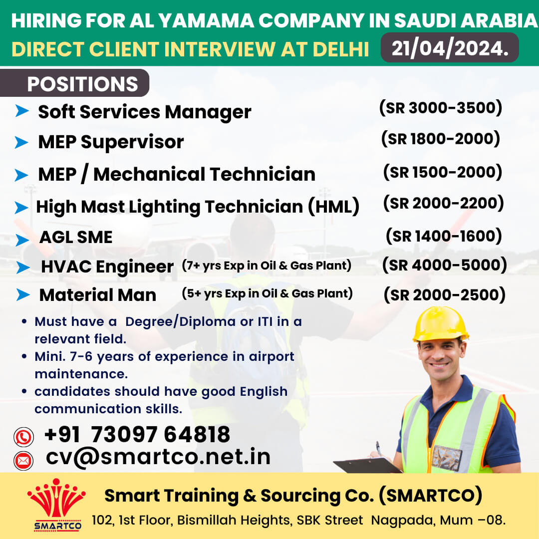 Hiring For Al Yamama Company in Saudi Arabia