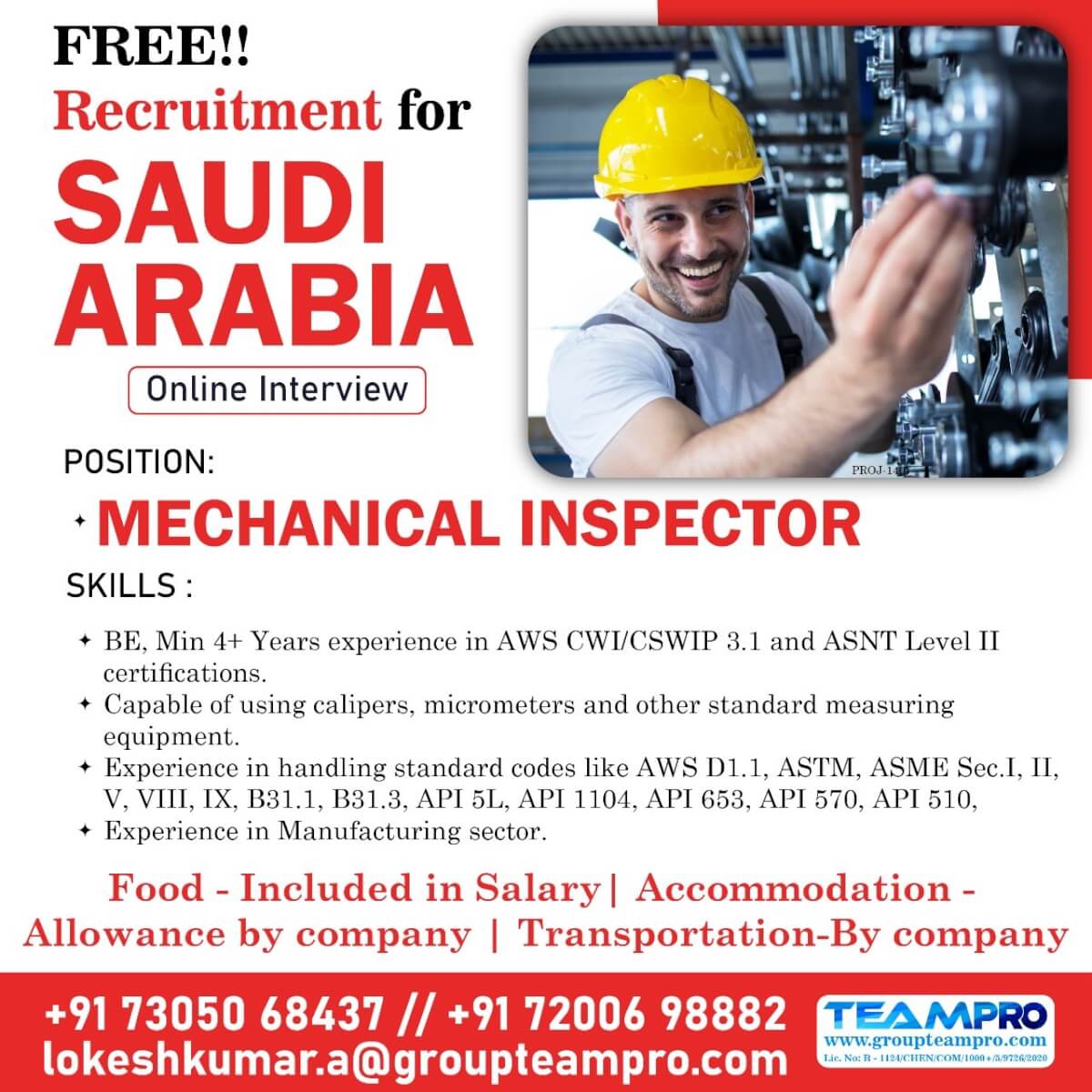 Mechanical Inspector – Free Recruitment for Saudi Arabia