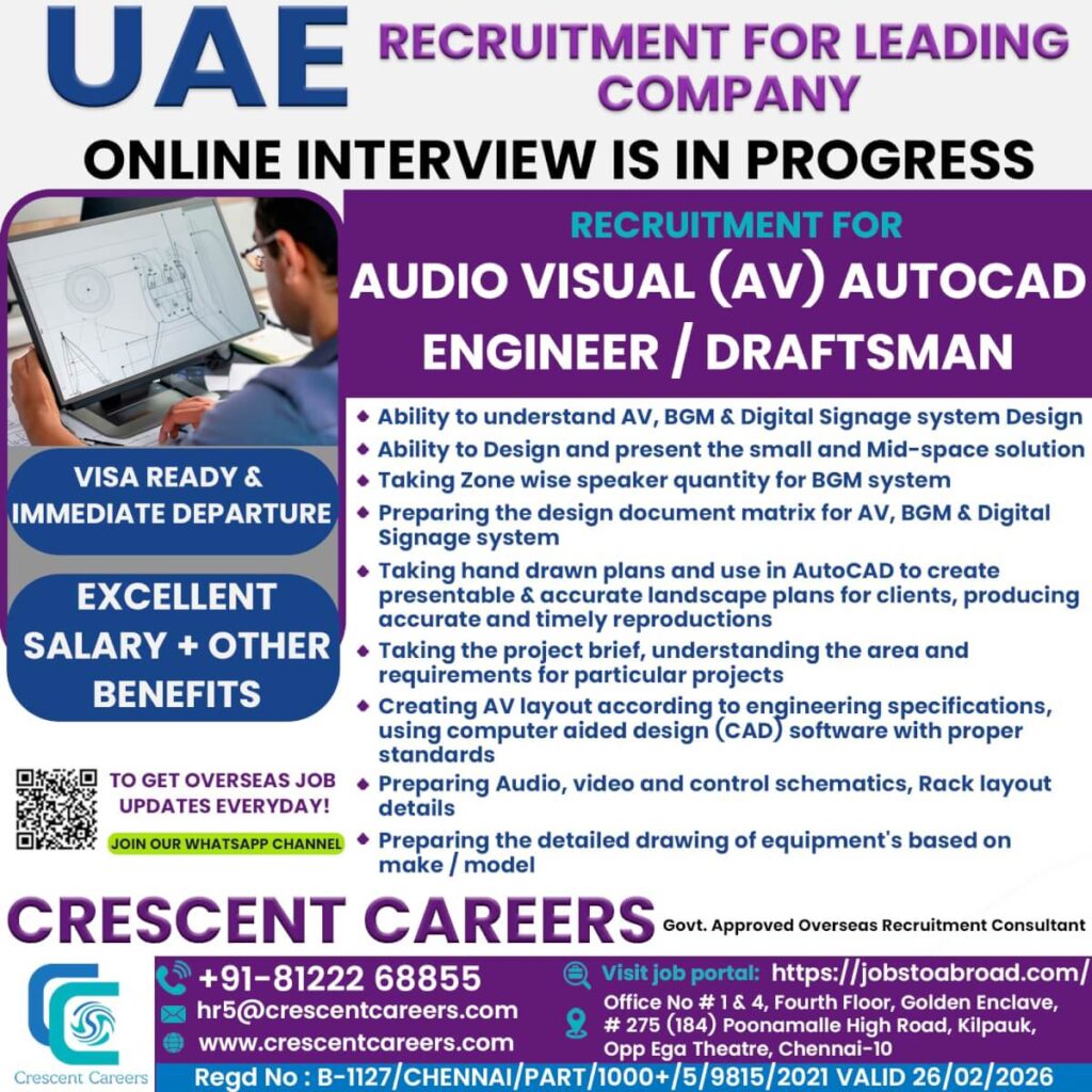 Audio Visual (AV) Autocad Engineer / Draftsman – Jobs in UAE