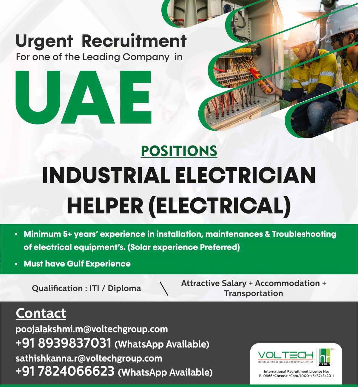 Electrician & Helper (Electrical) – Jobs in UAE