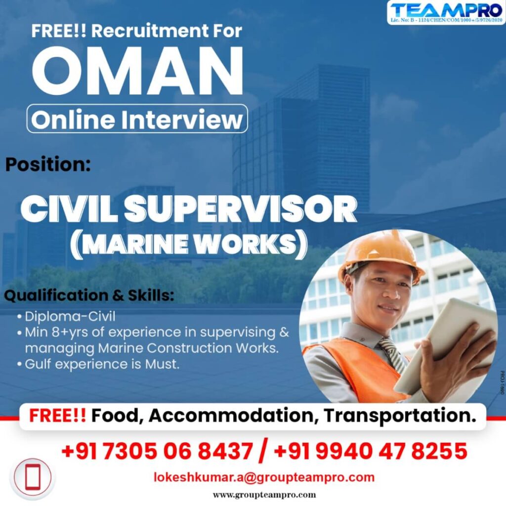 Jobs in Oman – Civil Supervisor (Marine works)