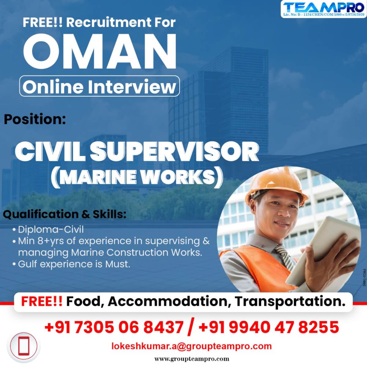 Jobs in Oman - Civil Supervisor (Marine works)