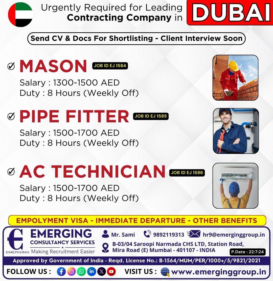 Jobs in Dubai – Mason | Pipe Fitter | AC Technician