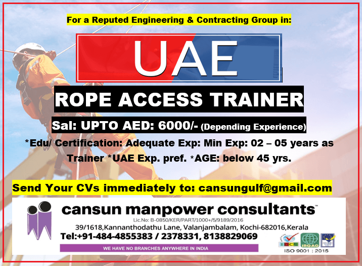 Jobs in UAE – Rope Access Trainer