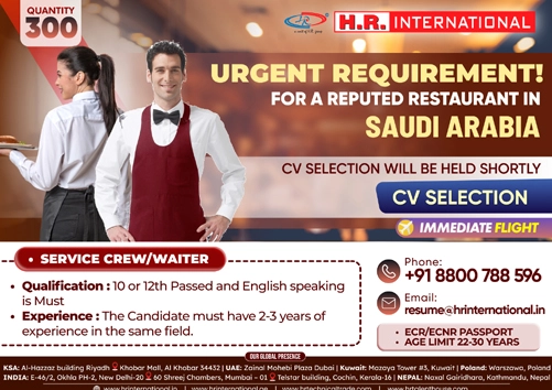 Service Crew / Waiter Jobs in Saudi Arabia