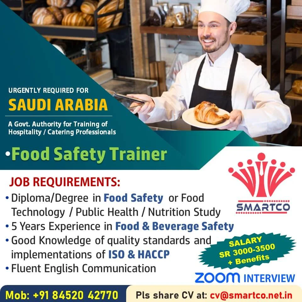 Food Safety Trainer -Urgently Required For Saudi Arabia